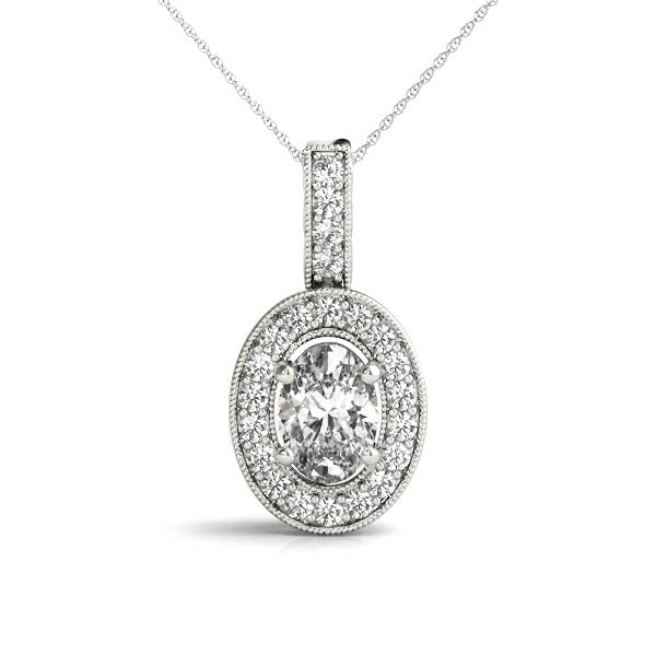 Elegant Oval Halo Pendant with Millgrain Detailing and 0.33 Carat Diamond Accents