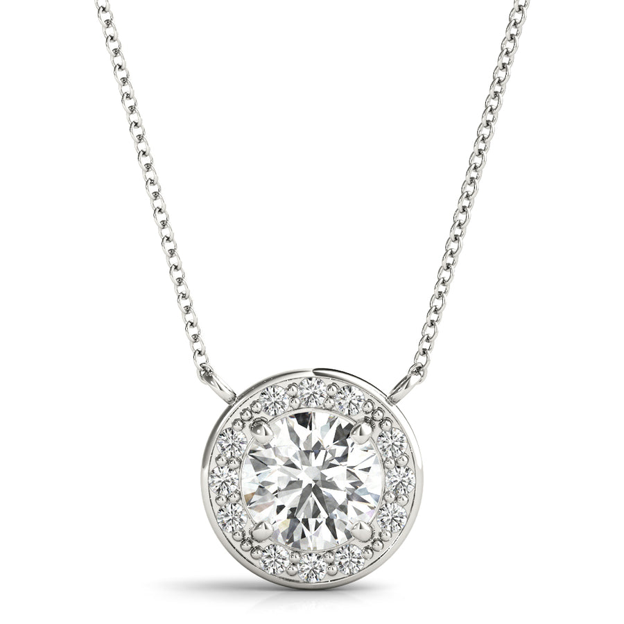 Elegant Round Halo Pendant Necklace with 1 Carat Total Diamond Weight, SI1-SI2 G-H Quality