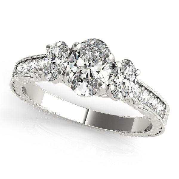 Three-Stone Oval Diamond Engagement Ring Semi-Mount with 0.92 Carat Total Weight, SI1-SI2 G-H Qua...