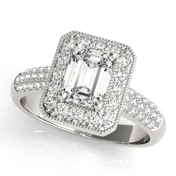 Emerald Accent Diamond Ring with 7/8 Carat Total Weight in G-H SI1-SI2 Quality Semi-Mount Setting