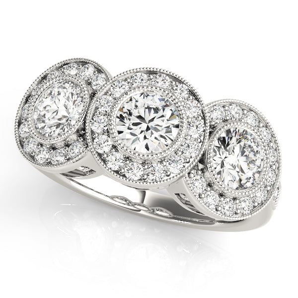 Three-Stone Bezel Halo Diamond Ring with 1.9 Carat Total Weight, SI1-SI2 G-H Quality