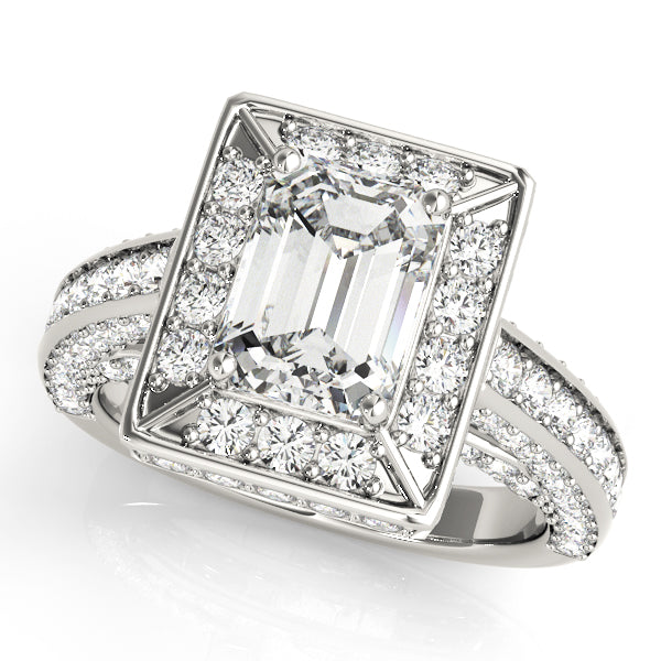 Elegant Halo Engagement Ring for Emerald Cut Diamond with 2.32 Carat Total Diamond Weight