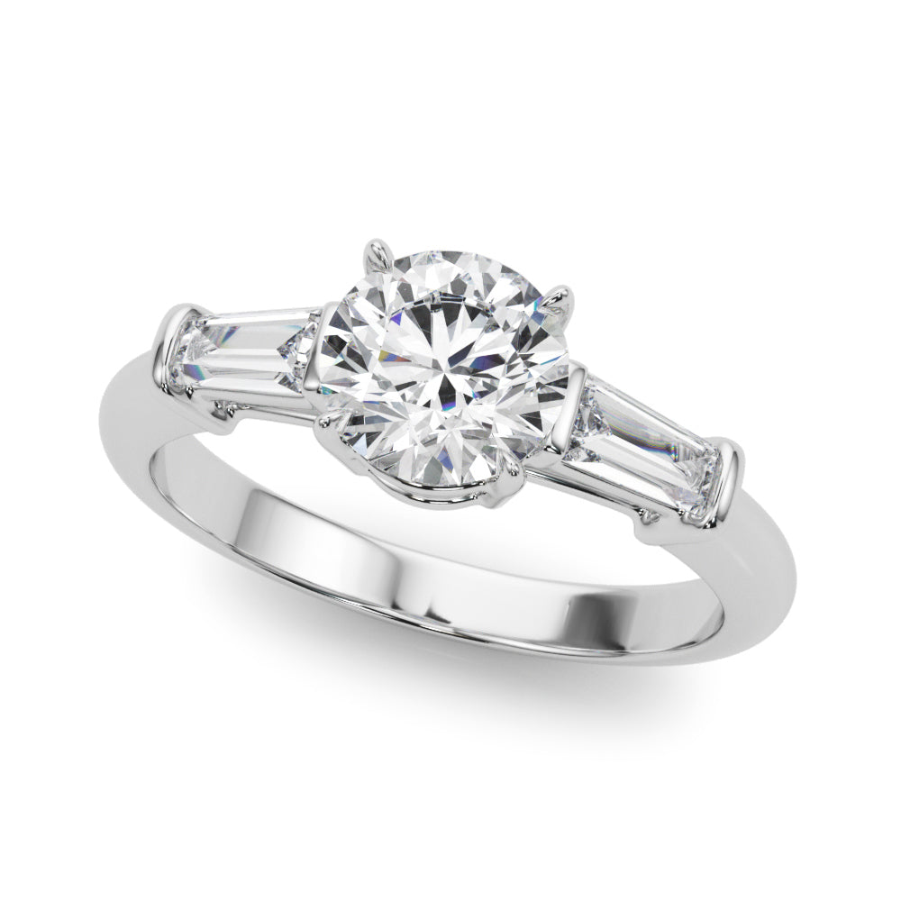 Three-Stone Diamond Ring with Round Center and Tapered Baguette Sidestones, 3.5 Carat Total Weight